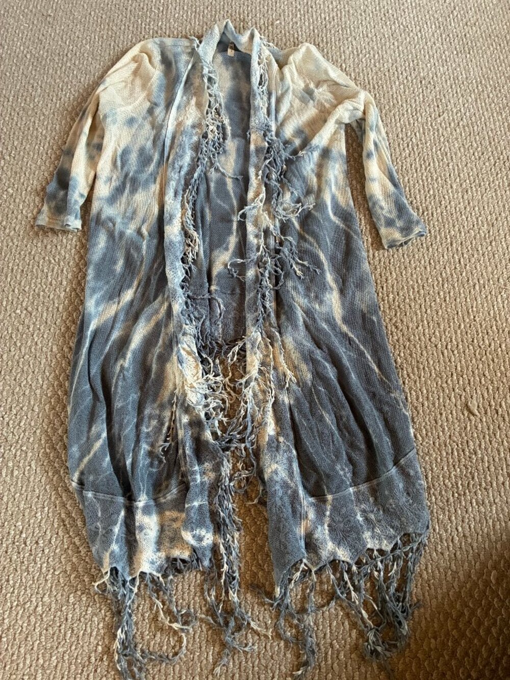 XCVI Knitted Fringe Tie Dye Cardigan Small Blue and Cream